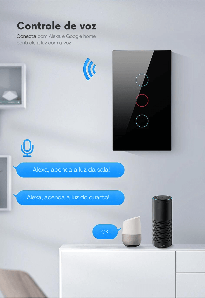 Interruptor Smart Wi-Touch e Comando de Voz Tuya - Compatível com Alexa e Google Home