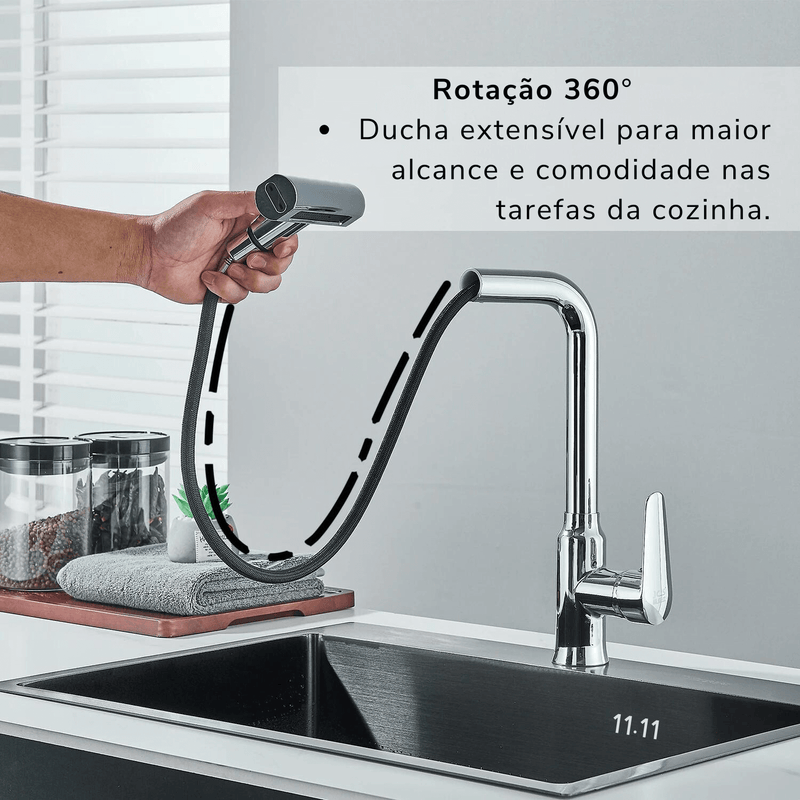 Torneira de Cozinha EleganceFlow - Rotação 360°  Ducha Extensível, Quente e Fria