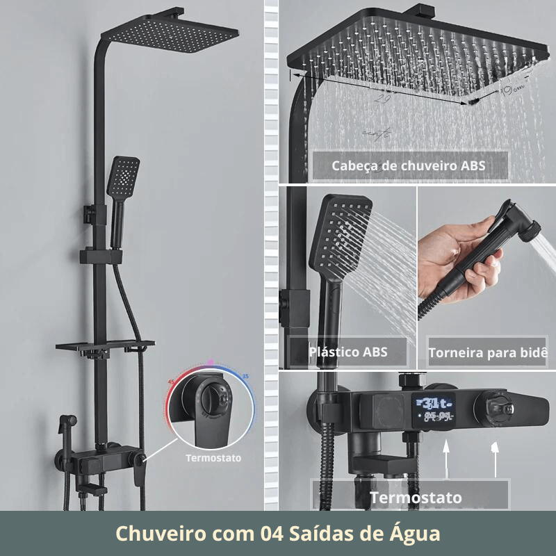 Chuveiro Completo Preto - Misturador Com Termostato e Display Digital