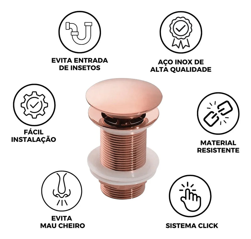 Válvula Click Aço Inox Para Cuba Rose Gold