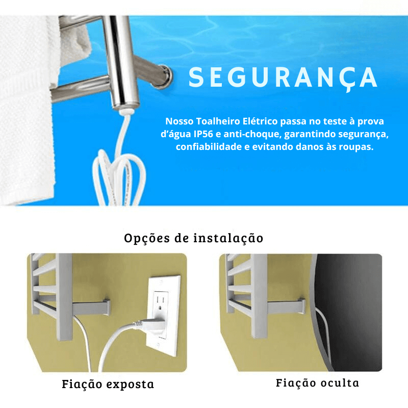 Toalheiro Térmico Aço Inoxidável Display Digital e WiFi  Fiação Oculta/Exposta Dourado