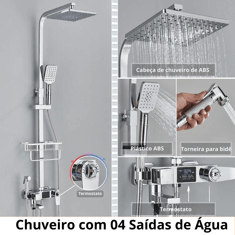 Chuveiro Completo Cromado - Misturador Com Termostato e Display Digital